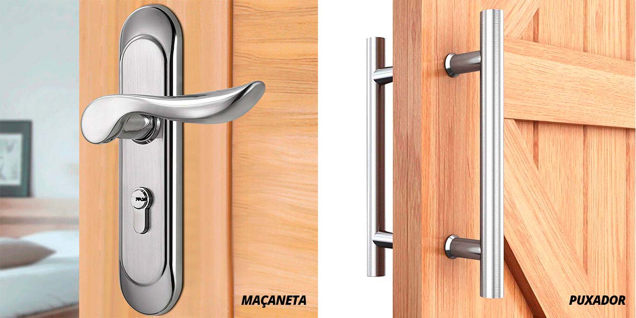 Imagem ilustrando a diferença entre uma maçaneta e um puxador de porta de madeira