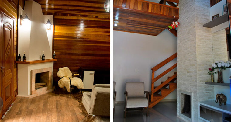 São representadas duas imagens internas de uma casa, contendo opções diferenciadas de lareira em casa de madeira.